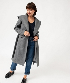 GEMO Manteau femme mi-long à grand col capuche Gris