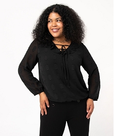 GEMO Blouse à manches longues avec col à volant femme grande taille Noir