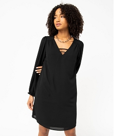 GEMO Robe droite à manches longues et col V femme Noir