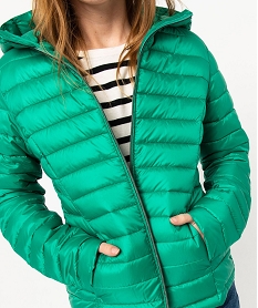 doudoune femme a capuche rembourrage fin avec pochette vert manteauxE101001_2