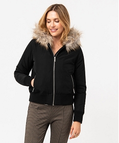 blouson double peluche avec capuche femme noir manteauxE101901_1