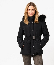 blouson matelasse avec capuche a bord amovible et ceinture femme noir manteauxE102701_1