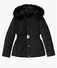 blouson matelasse avec capuche a bord amovible et ceinture femme noir manteauxE102701_4