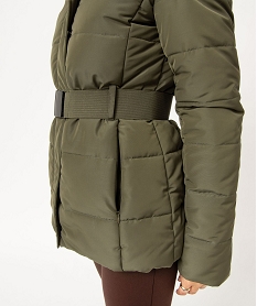 blouson matelasse avec capuche a bord amovible et ceinture femme vert manteauxE102801_2
