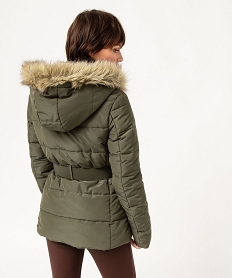 blouson matelasse avec capuche a bord amovible et ceinture femme vert manteauxE102801_3