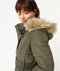 blouson matelasse avec capuche a bord amovible et ceinture femme vert manteauxE102801_4