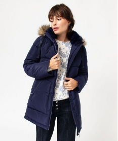 GEMO Manteau matelassé à capuche en fourrure imitation femme Bleu