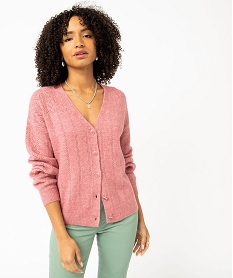 gilet coupe droite en maille douillette ajouree femme rose giletsE104601_2