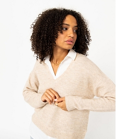 pull 2 en 1 avec chemise femme beige pullsE107401_2