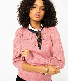 pull en maille ajouree avec boutons decoratifs femme rose pullsE108701_2