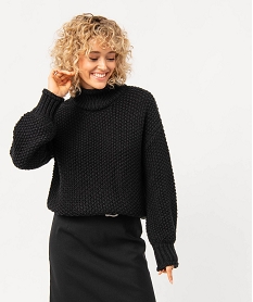 pull a col montant en maille fantaisie femme noir pullsE110001_1