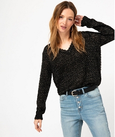 GEMO Pull pailleté col V en maille ajourée femme Noir