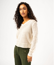 pull paillete col v en maille ajouree femme beigeE113001_1