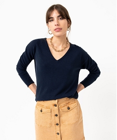 pull femme en maille fine avec large col v bleuE113501_1