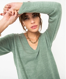 pull femme en maille fine avec large col v vert pullsE113901_2