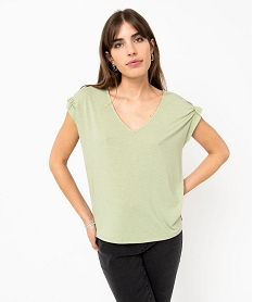 tee-shirt femme a manches courtes froncees et col v vert t-shirts manches courtesE118401_1