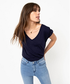 tee-shirt femme a manches courtes froncees et col v bleu t-shirts manches courtesE118601_1