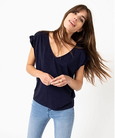 tee-shirt femme a manches courtes froncees et col v bleu t-shirts manches courtesE118601_4