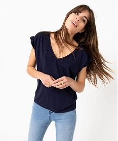 tee-shirt femme a manches courtes froncees et col v bleuE118601_4