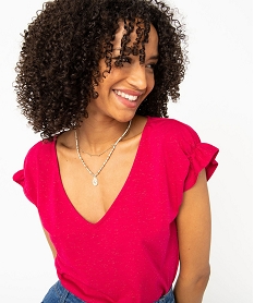 tee-shirt femme a manches courtes froncees et col v rose t-shirts manches courtesE118701_2