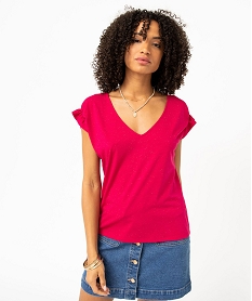 tee-shirt femme a manches courtes froncees et col v rose t-shirts manches courtesE118701_4