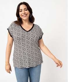 tee-shirt femme grande taille a col v en dentelle blanc t-shirts manches courtesE119101_2