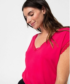 tee-shirt femme a manches courtes avec col v en dentelle rose t-shirts manches courtesE120401_2