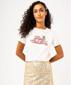 tee-shirt manches courtes imprime paillete noel femme blanc hauts a paillettesE124301_1
