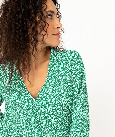 tee-shirt a manches longues et col v a motifs fleuris femme vert t-shirts manches longuesE125801_2