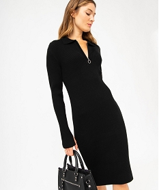 robe pull en maille cotelee avec col polo zippe femme noir robesE131101_1