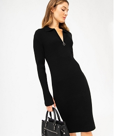 GEMO Robe pull en maille côtelée avec col polo zippé femme Noir