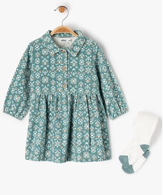 GEMO Ensemble 2 pièces bébé fille : robe en velours côtelé fleuri et collants épais Bleu