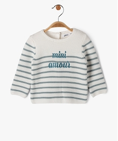 pull raye avec message brode et dos boutonne bebe blanc pullsE179801_1