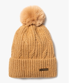 bonnet en maille cotelee avec pompon poilu femme - lulucastagnette marron standardE198701_1
