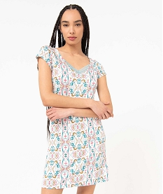 GEMO Chemise de nuit en maille extensible avec col V en dentelle femme imprime multicolore