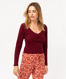 haut de pyjama a manches longues en maille ajouree femme rouge hauts de pyjamaE240601_1