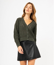 GEMO Gilet court à col V en maille ajourée femme Vert