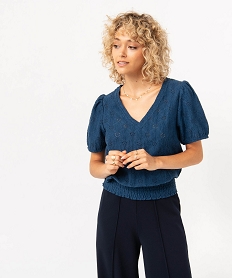 GEMO Tee-shirt à manches courtes en maille ajourée femme Bleu