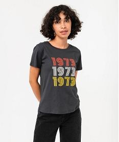 GEMO Tee-shirt à manches courtes avec inscription vintage femme Gris