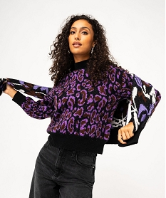 pull court en grosse maille imprime leopard femme violetE363501_1