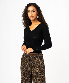 pull col v en maille fantaisie coupe ajustee femme noirE366001_1