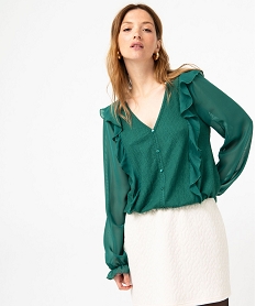 GEMO Tee-shirt femme avec manches en voile et volants Vert