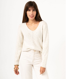 pull col v paillete femme beige pullsE409801_2