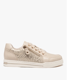 GEMO Baskets femme unies à lacets et à double zip avec détails imprimés fantaisie Beige