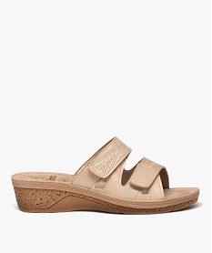 GEMO Mules femme confort unies à semelle compensée avec double brides scratch Beige