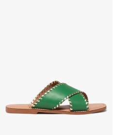 GEMO Mules femme plates en cuir uni à larges brides contours métallisés vert standard