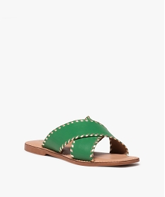 mules femme plates en cuir uni a larges brides contours metallises vert sandales plates et nu-piedsE486401_2