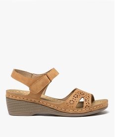 GEMO Sandales femme confort à talon compensé avec bride scratch et détails ajourés marron standard