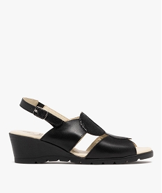GEMO Sandales femme confort à talon compensé en cuir avec semelle crantée et ronds fantaisie noir standard