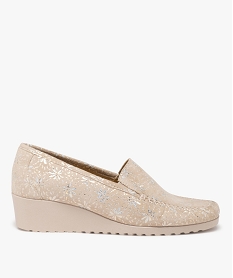 GEMO Mocassins femme confort en cuir uni à semelle compensée et à bout carré motifs brillants Beige